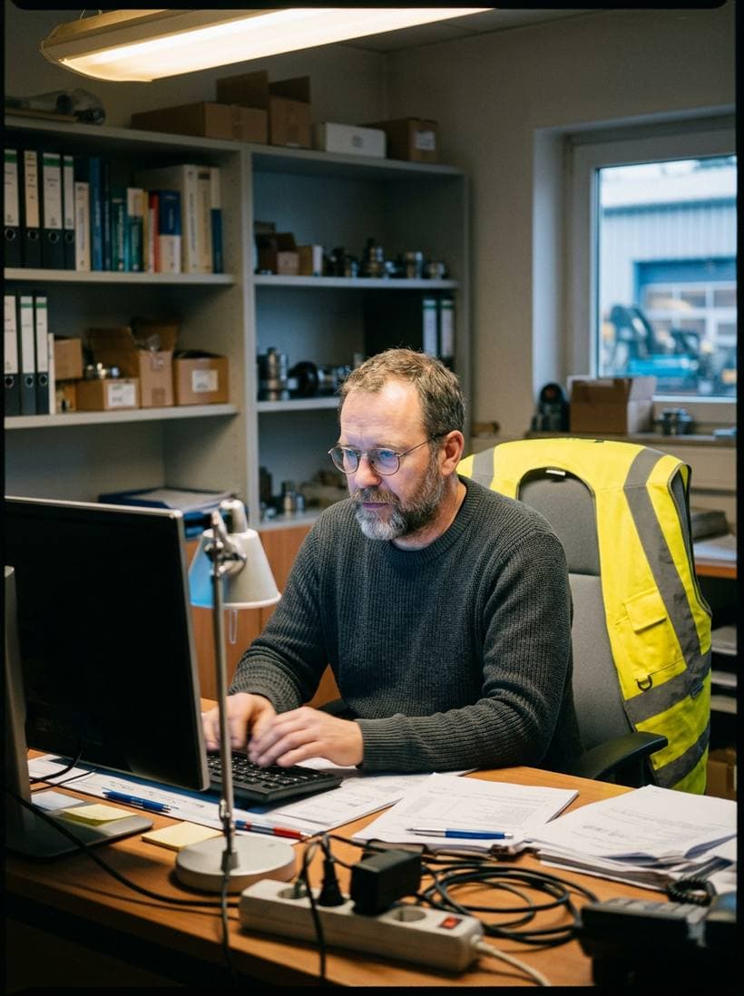 Mann mit Brille arbeitet konzentriert am Computer in einem Werkstattbüro (KI-generiertes Bild)