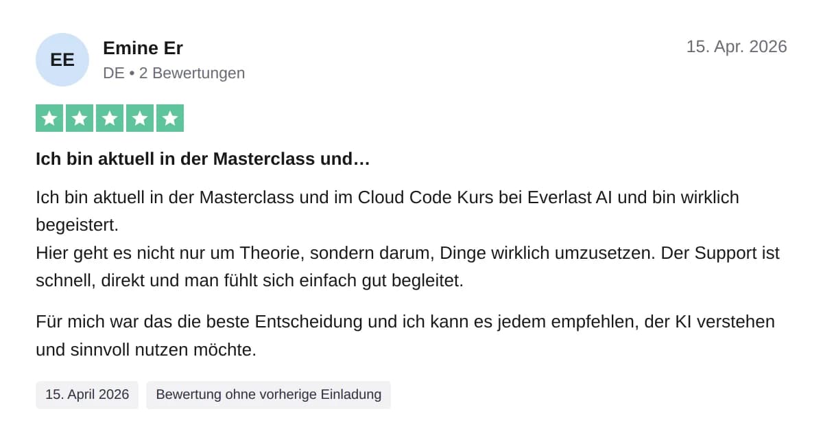 Trustpilot-Bewertung von Emine Er vom 15. April 2026, 5 von 5 Sternen: Hier geht es nicht nur um Theorie, sondern darum, Dinge wirklich umzusetzen.