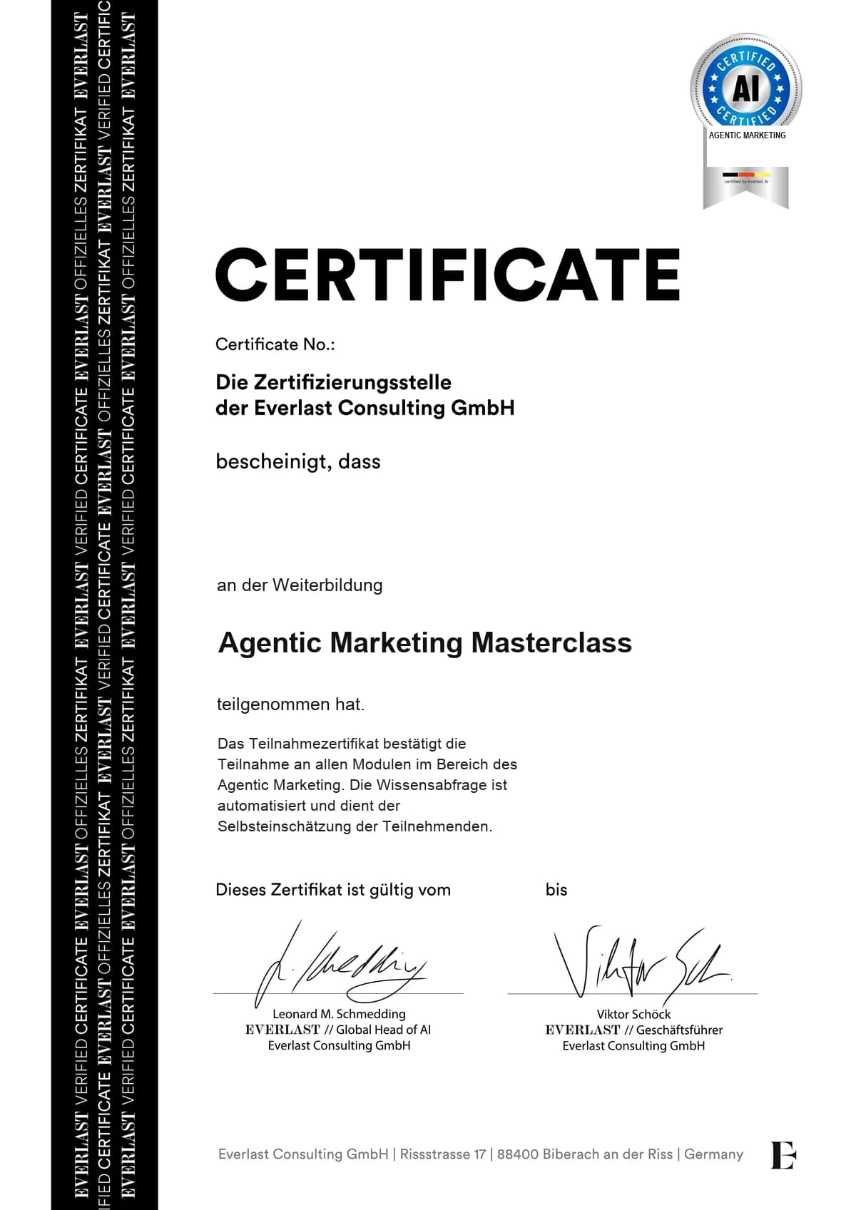 Musterurkunde der Everlast Consulting GmbH für die Agentic Marketing Masterclass