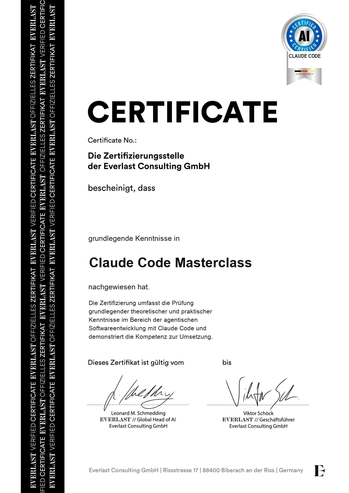 Musterurkunde der Everlast Consulting GmbH für die Claude Code Masterclass