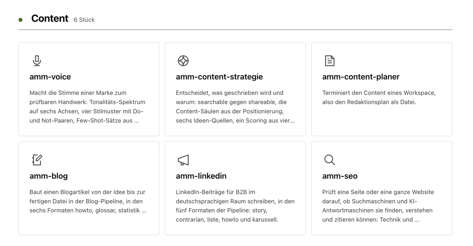 Skills der Familie Content im Workspace